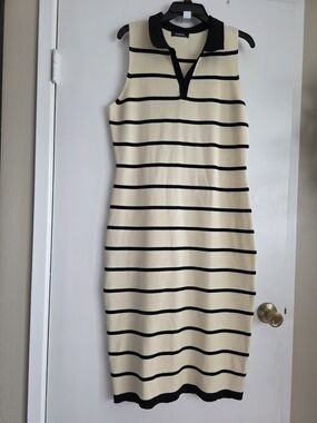 Fashion Sleeveless Cream & Black Striped Midi Dress with Polo Collar...knit